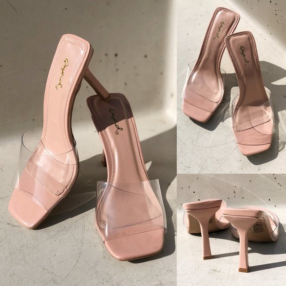 NEW Clear Blush Transparent Band Square Open Toe Slip On Heeled Mules Sandals - Picture 7 of 12